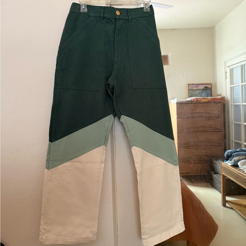 RARE color block green and cream work pants